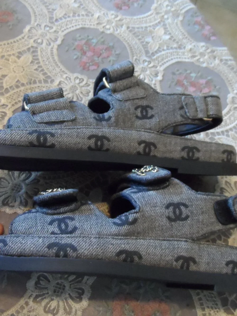 New Chanel Gray Signature Jacquard Grandpa Sandals Size 38.5B